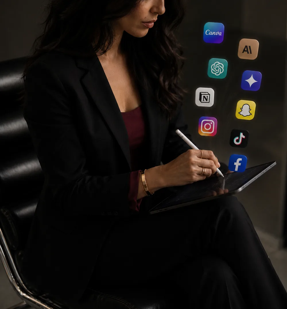 Dirigeante sur sa tablette, entourée des icônes des outils d'intelligence artificielle et des réseaux sociaux